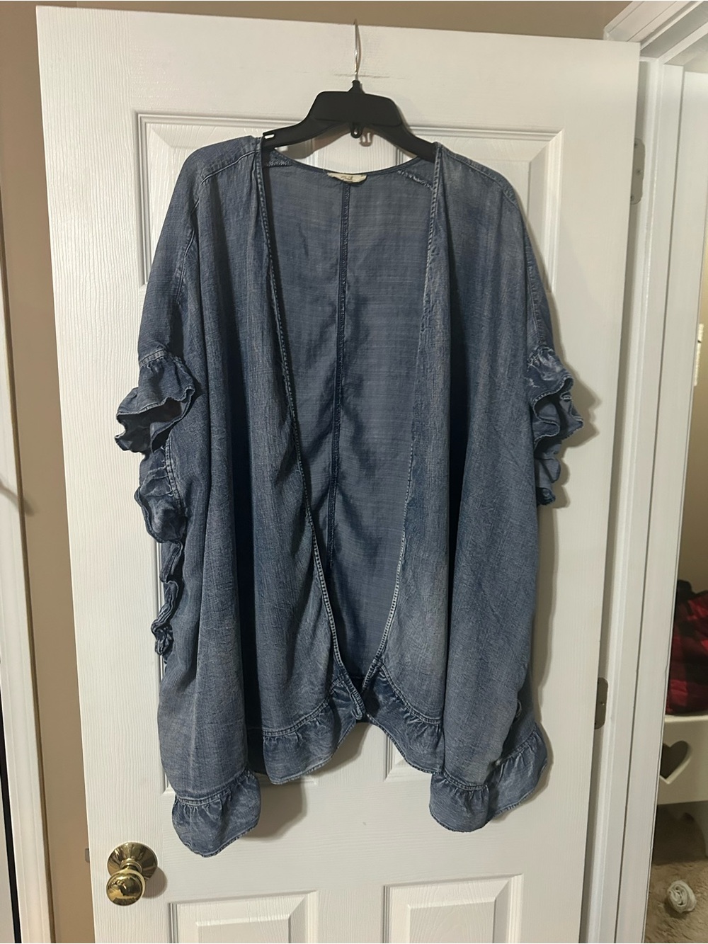 Easel Blue Denim-Style Open Front Ruffle Trim Kimono